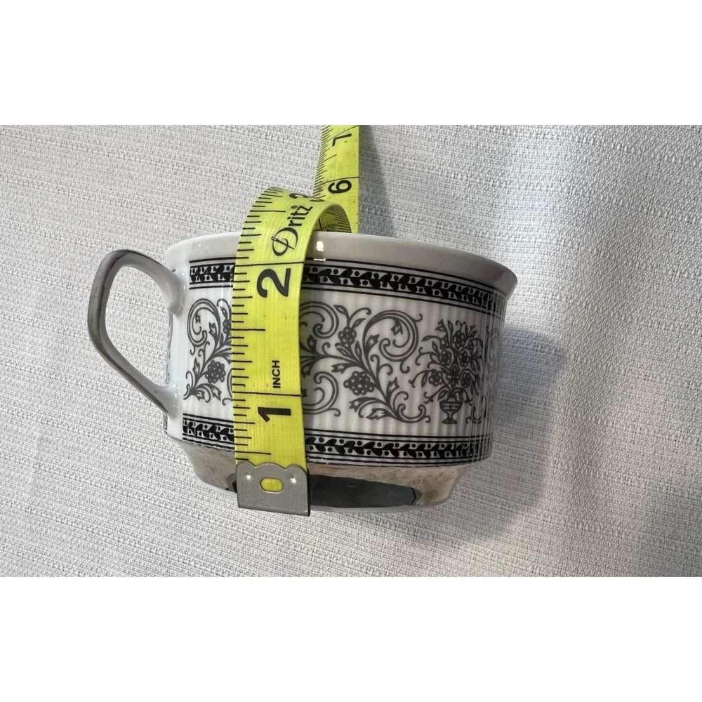 Chodziez Poland Porcelain Bouillon Cups Set‎ of 2 Black White Floral Silver Trim